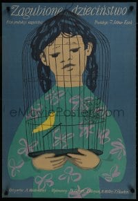 9t724 CRASH OF SILENCE Polish 23x34 1954 different art of deaf mute girl w/ birdcage by Jan Lenica!