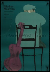 9t766 YOUTH OF MAXIM Polish 23x33 R1967 Yunost Maksima, cool Jan Lenica art of man and guitar!