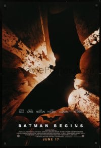 9w536 BATMAN BEGINS advance 1sh 2005 June 17, image of Christian Bale in title role flying w/bats!