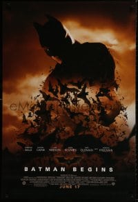 9w537 BATMAN BEGINS advance DS 1sh 2005 June 17, image of Christian Bale's head and cowl over bats!
