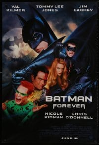 9w538 BATMAN FOREVER advance 1sh 1995 Kilmer, Kidman, O'Donnell, Tommy Lee Jones, Carrey, top cast!