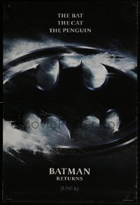 9w545 BATMAN RETURNS teaser DS 1sh 1992 Burton, Keaton, The Bat, The Cat, The Penguin, logo design!