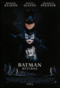 9w543 BATMAN RETURNS int'l advance 1sh 1992 Burton, Keaton, DeVito, Pfeiffer, cool white date design!
