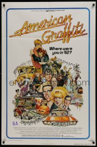 1b067 AMERICAN GRAFFITI 1sh 1973 George Lucas teen classic, Mort Drucker montage art of cast!