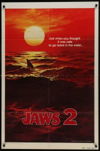 1b473 JAWS 2 teaser 1sh 1978 art of man-eating shark's fin in red water at sunset, undated design!