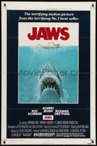 1b471 JAWS 1sh 1975 art of Steven Spielberg's classic man-eating shark attacking swimmer!