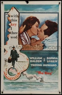 1b487 KEY 1sh 1958 Carol Reed, close up kiss art of William Holden & sexy Sophia Loren!