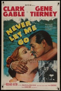 1b618 NEVER LET ME GO 1sh 1953 romantic close up artwork of Clark Gable & sexy Gene Tierney!