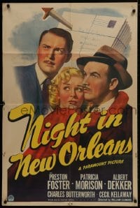 1b624 NIGHT IN NEW ORLEANS style A 1sh 1942 close-up art Preston Foster, Patricia Morison & Dekker!