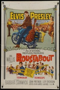 1b759 ROUSTABOUT 1sh 1964 roving, restless, reckless Elvis Presley on motorcycle with guitar!