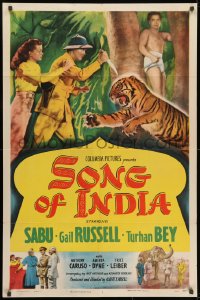 1b828 SONG OF INDIA 1sh 1949 Sabu watches Gail Russell & Turhan Bey attack tiger!