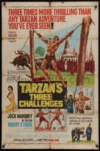 1b876 TARZAN'S THREE CHALLENGES 1sh 1963 Edgar Rice Burroughs, artwork of bound Jock Mahoney!