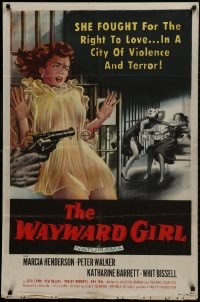 1b963 WAYWARD GIRL 1sh 1957 great artwork of bad girl in nightie & fighting in prison!