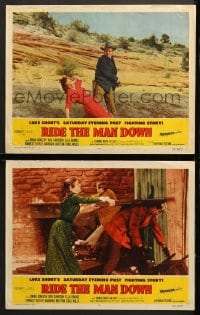 1d935 RIDE THE MAN DOWN 2 LCs 1952 sexy Ella Raines struck by Rod Cameron, clobbering other guy!
