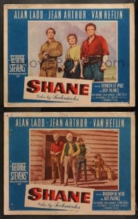 1d943 SHANE 2 LCs 1953 George Stevens classic cowboy western, Jean Arthur, Van Heflin, cool scenes!