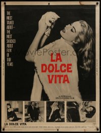 1g071 LA DOLCE VITA 30x40 1961 Federico Fellini, close up of sexy Anita Ekberg with kitten!