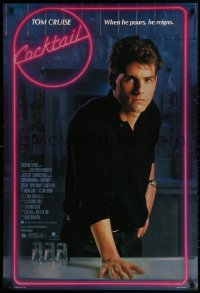 1g289 COCKTAIL 1sh 1988 Shue, Brown, great image of bartender Tom Cruise close up w/shotglasses!