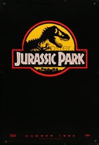 1g530 JURASSIC PARK teaser 1sh 1993 Steven Spielberg, classic logo with T-Rex over yellow background