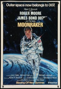 1g632 MOONRAKER style A advance 1sh 1979 art of Roger Moore as Bond blasting off in space by Goozee!