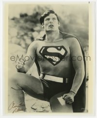 1h873 CHRISTOPHER REEVE signed 8x10 REPRO still 1990s close portrait in costume as Superman!