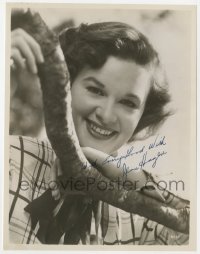 1h385 JEAN HAGEN signed 7.75x10 still 1940s pretty young smiling portrait behind a tree branch!