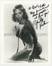1h998 YVETTE VICKERS signed 8x10 REPRO still 1980s full-length kneeling portrait in sexy nightgown!
