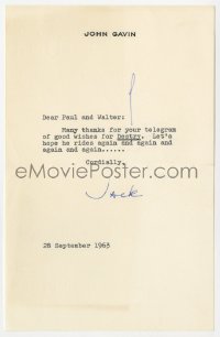 1h183 JOHN GAVIN signed letter 1963 thanking agent Paul Kohner for wishing him luck in Destry!