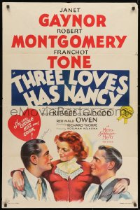 1h061 THREE LOVES HAS NANCY signed 1sh 1938 by Janet Gaynor, she's between Montgomery & Tone!