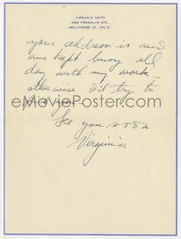1h191 VIRGINIA MAYO signed letter 1950s sad that she missed friend's message & giving her number!