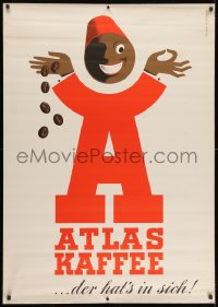 1k192 ATLAS KAFFEE 33x47 German advertising poster 1950s art of a mascot dropping coffee beans!