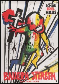 1k239 BAUERN STERBEN 33x47 German stage poster 1980s wild art of a flying body, cross, stigmata!