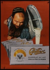 1k125 CAILLER 36x50 Swiss advertising poster 1962 really happy guy pouring milk off of his back!