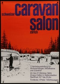 1k179 CARAVAN SALON 36x51 Swiss special poster 1969 skiers and caravans by Rolf Stickel!