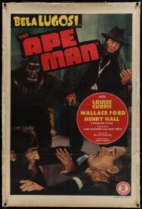 1m065 APE MAN linen 1sh 1943 great image of Bela Lugosi holding ape's hand, ultra rare!