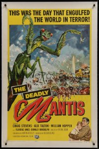 1m081 DEADLY MANTIS linen 1sh 1957 classic art of giant insect by Washington Monument by Ken Sawyer!