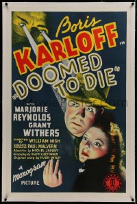 1m083 DOOMED TO DIE linen 1sh 1940 Asian detective Boris Karloff over Marjorie Reynolds and Withers!