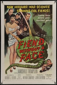 1m085 FIEND WITHOUT A FACE linen 1sh 1958 giant brain & sexy girl in towel, mad science spawns evil!