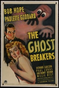 1m094 GHOST BREAKERS linen 1sh 1940 great art of Bob Hope, Paulette Goddard & wacky spooky ghost!
