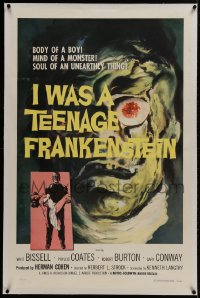 1m105 I WAS A TEENAGE FRANKENSTEIN linen int'l 1sh 1957 great art of monster + holding sexy girl!