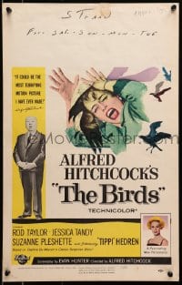 1m216 BIRDS WC 1963 director Alfred Hitchcock shown, Tippi Hedren, classic intense attack artwork!