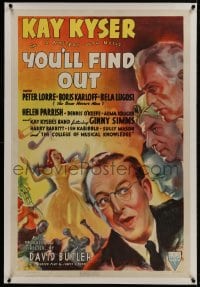 1m137 YOU'LL FIND OUT linen 1sh 1940 art of Kay Kyser, Bela Lugosi, Boris Karloff & Peter Lorre!