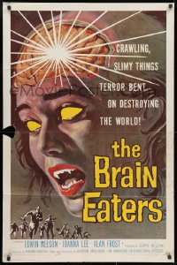 1r414 BRAIN EATERS 1sh 1958 AIP, classic close-up sci-fi horror art of girl's brain exploding!