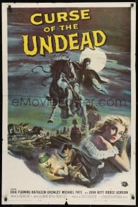 1r436 CURSE OF THE UNDEAD 1sh 1959 art of fiend on horseback in graveyard by Reynold Brown!