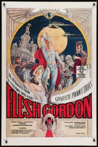 1r466 FLESH GORDON 1sh 1974 sexy sci-fi spoof, wacky erotic super hero art by George Barr!