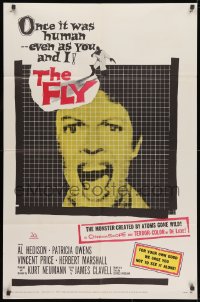 1r467 FLY 1sh 1958 classic sci-fi, close up of Patricia Owens screaming as seen through fly's eyes!