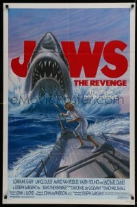 1r500 JAWS: THE REVENGE 1sh 1987 great artwork of shark attacking ship, this time it's personal!