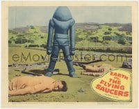 1r168 EARTH VS. THE FLYING SAUCERS LC 1956 cool image of alien robot standing over dead men!