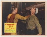 1r211 SUPERMAN'S PERIL LC 1954 c/u of superhero George Reeves in costume punching bad guy!