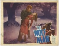 1r334 WOLF MAN LC #5 R1948 werewolf Lon Chaney Jr. holding unconscious Evelyn Ankers in forest!
