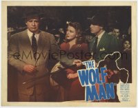 1r336 WOLF MAN LC #7 R1948 Evelyn Ankers stares at distraught Lon Chaney Jr. holding cane!